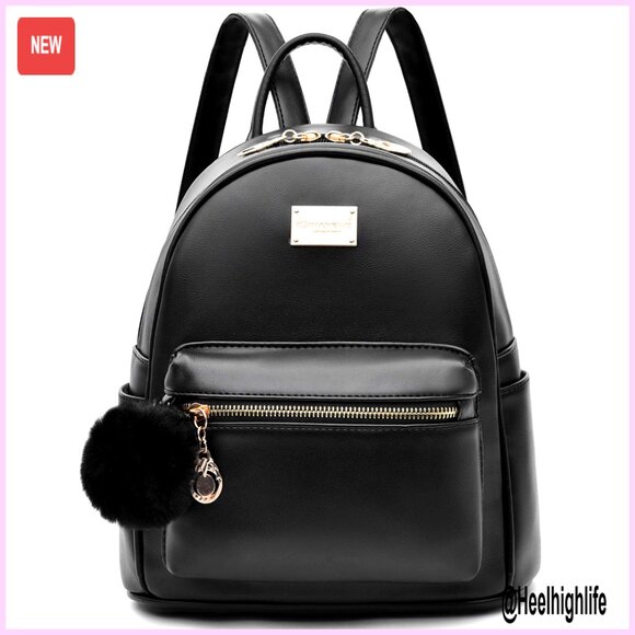 Leather Mini Backpack Purse with Pompom, 3 Zipper Pockets, Travel Daypack main image 6